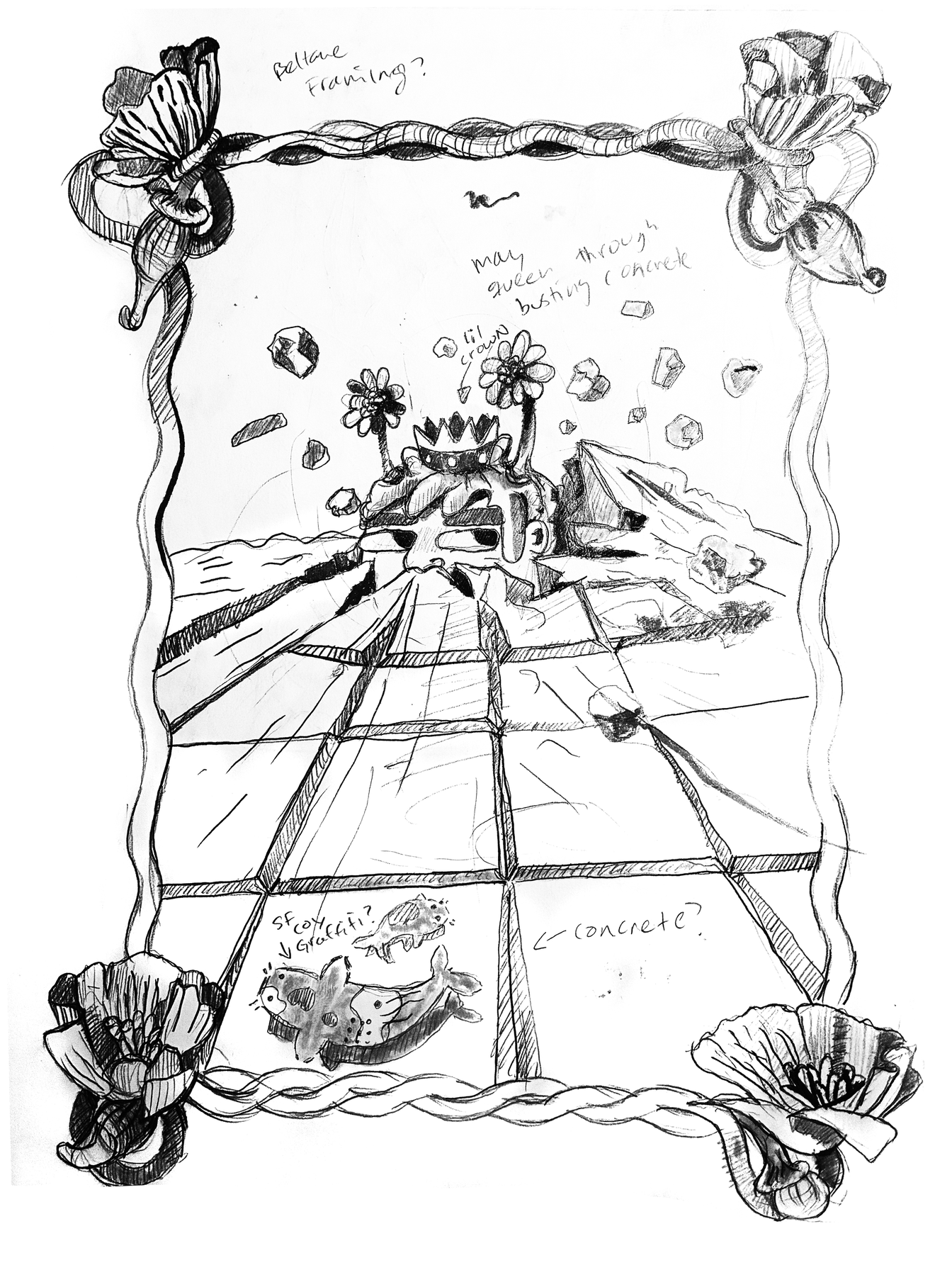 Early pencil sketch exploring the May Queen, poppy border, and composition