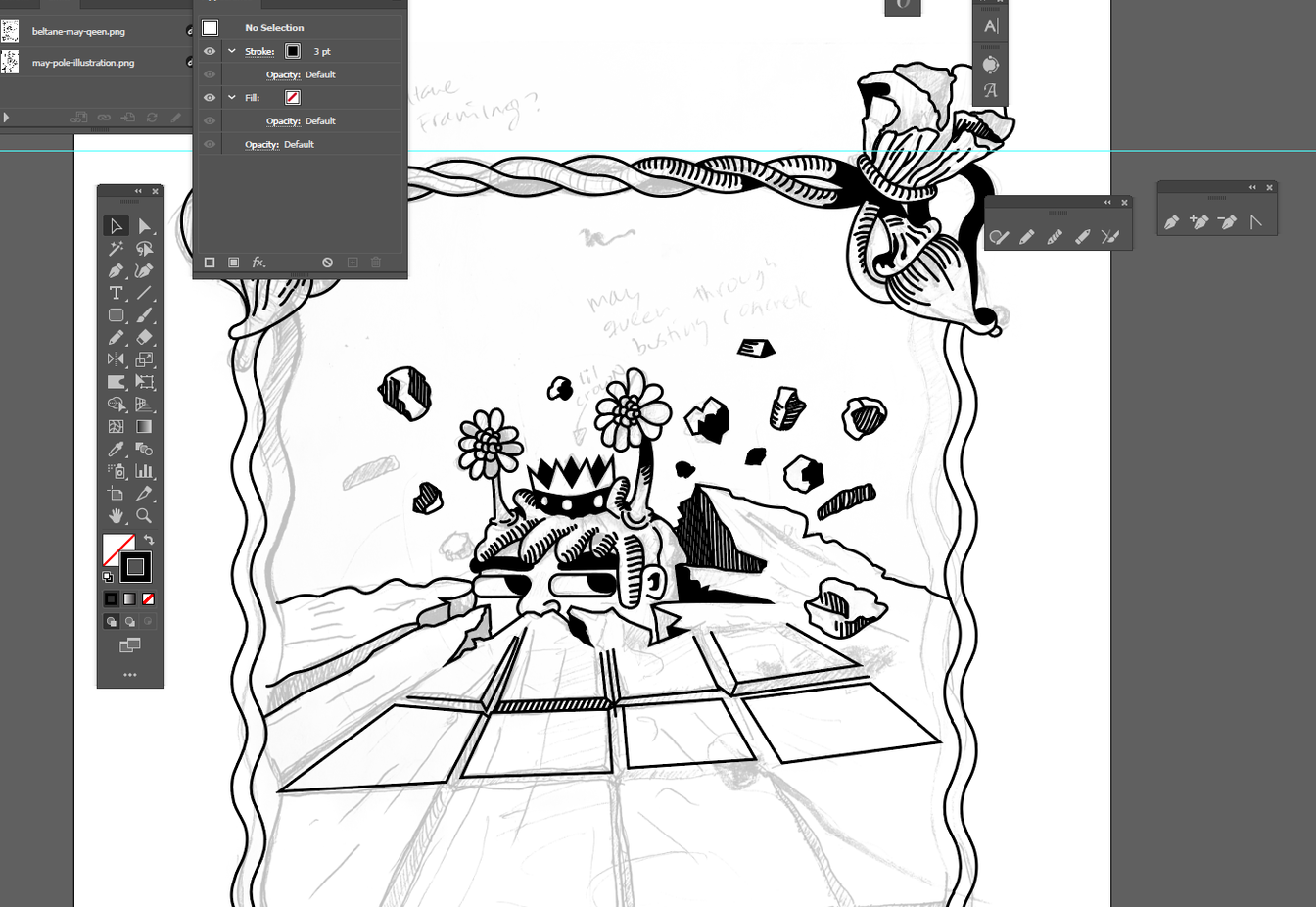 Second stage of refining the May Queen and border in Adobe Illustrator