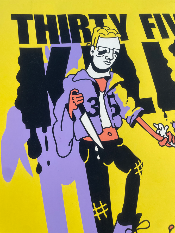 Close-up of Jason holding a knife in the Thirty-Five Kills print