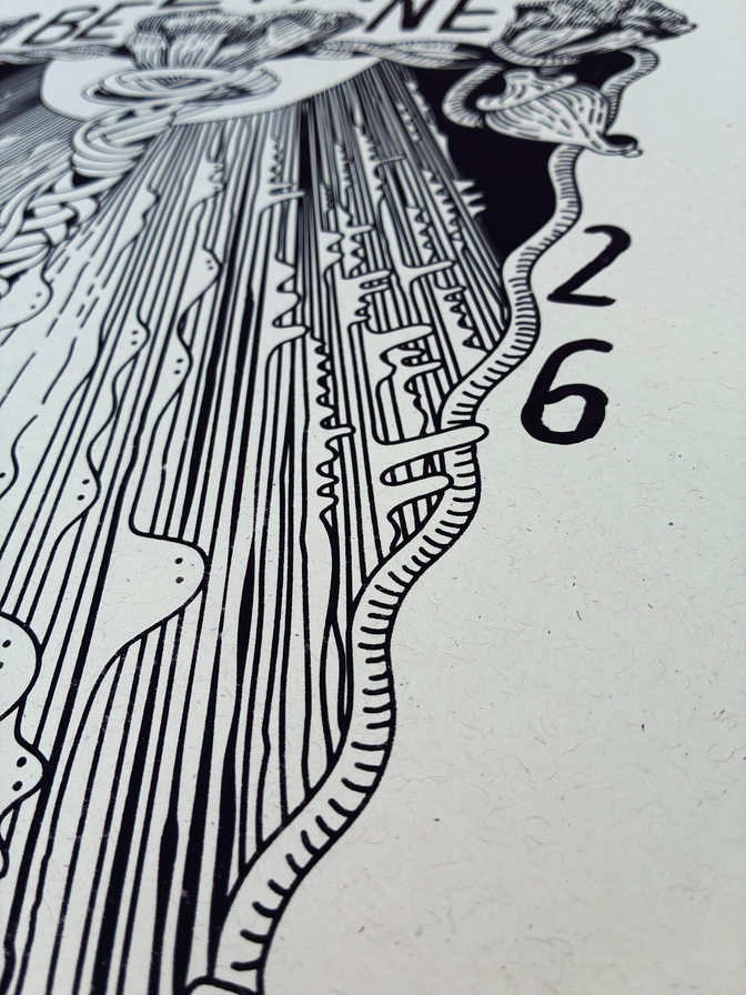 Close-up of the right side and line work of the Beltane print
